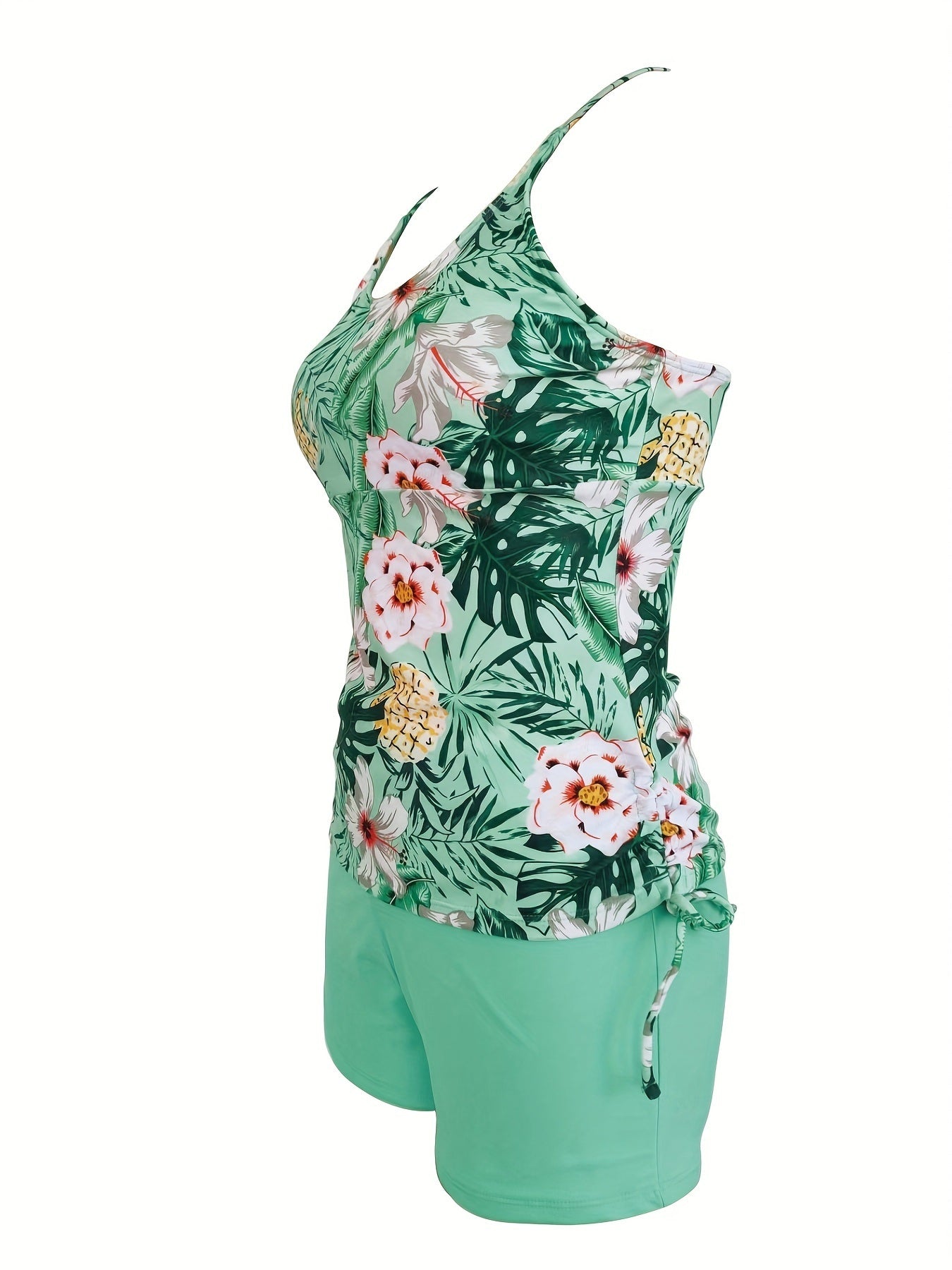 Floral & Plant All Over Print Drawstring Side Tank Top Solid Color Boxer Short Two Piece Tankini Sets Swimsuit, Women's Swimwear