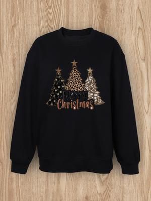 Women Basic Casual Pullover Spring Autumn Long Sleeve Christmas Tree Printed Round Neck