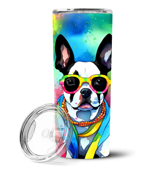 Boston Terrier Hippie Dawg Stainless Steel Skinny Tumbler Vacuum Double Walled Reusable Insulated Tumbler Travel Cup for Coffee Cocktails Gift with Lid, 20 oz