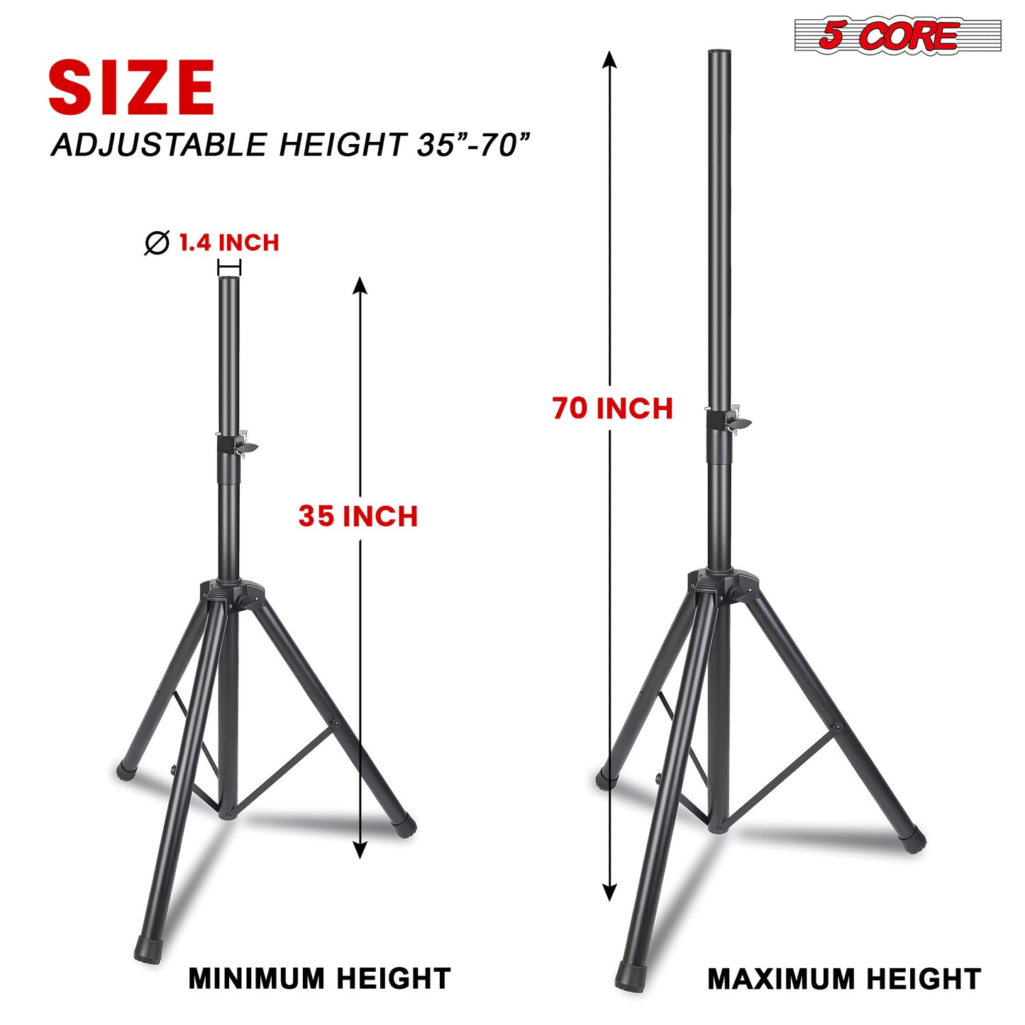 5 Core Speaker Stand Tripod Pair Tall Height Adjustable Heavy Duty DJ Light Floor Stands Universal 35mm Pole Mount PA Studio Monitor Large Subwoofer Support - - SS HD 2PK BLK BAG