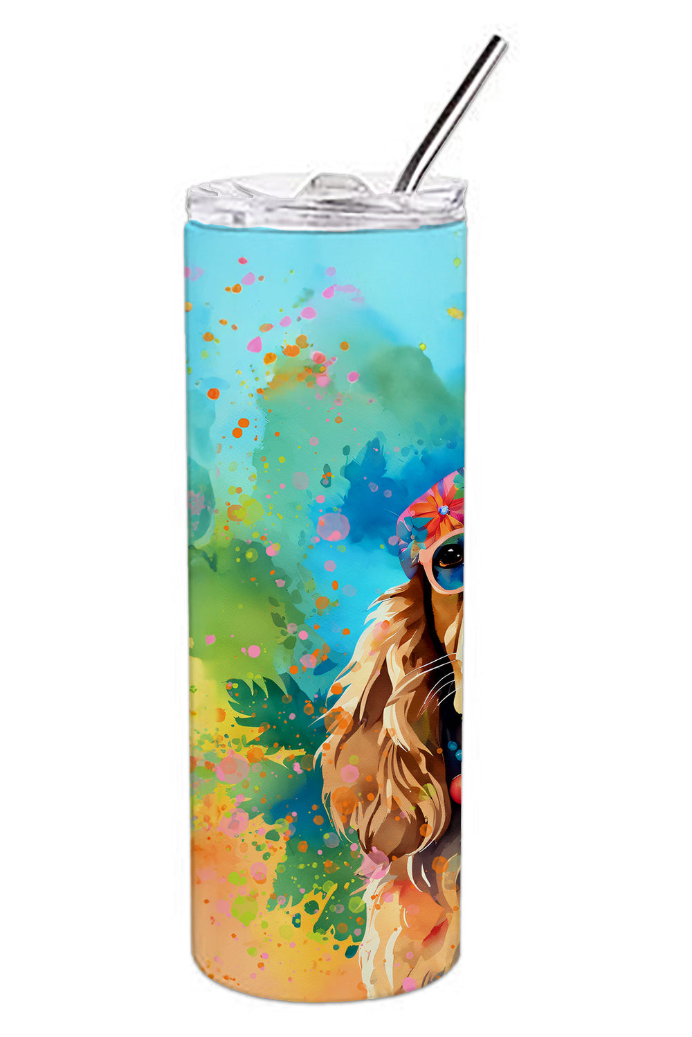 Cocker Spaniel Hippie Dawg Stainless Steel Skinny Tumbler Vacuum Double Walled Reusable Insulated Tumbler Travel Cup for Coffee Cocktails Gift with Lid, 20 oz