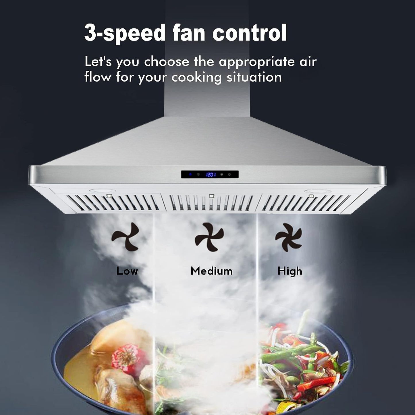 30/36 inch Range Hood 700CFM Wall Mount Stainless Steel Touch Control 3-speed Stove Vent