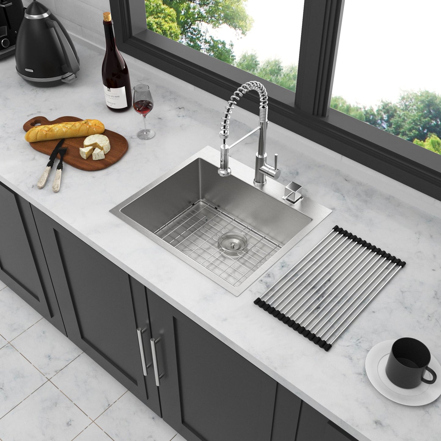 Lordear 16 Gauge Kitchen Sink Drop-in Topmount Single Bowl Gunmetal Black Stainless Steel Sink