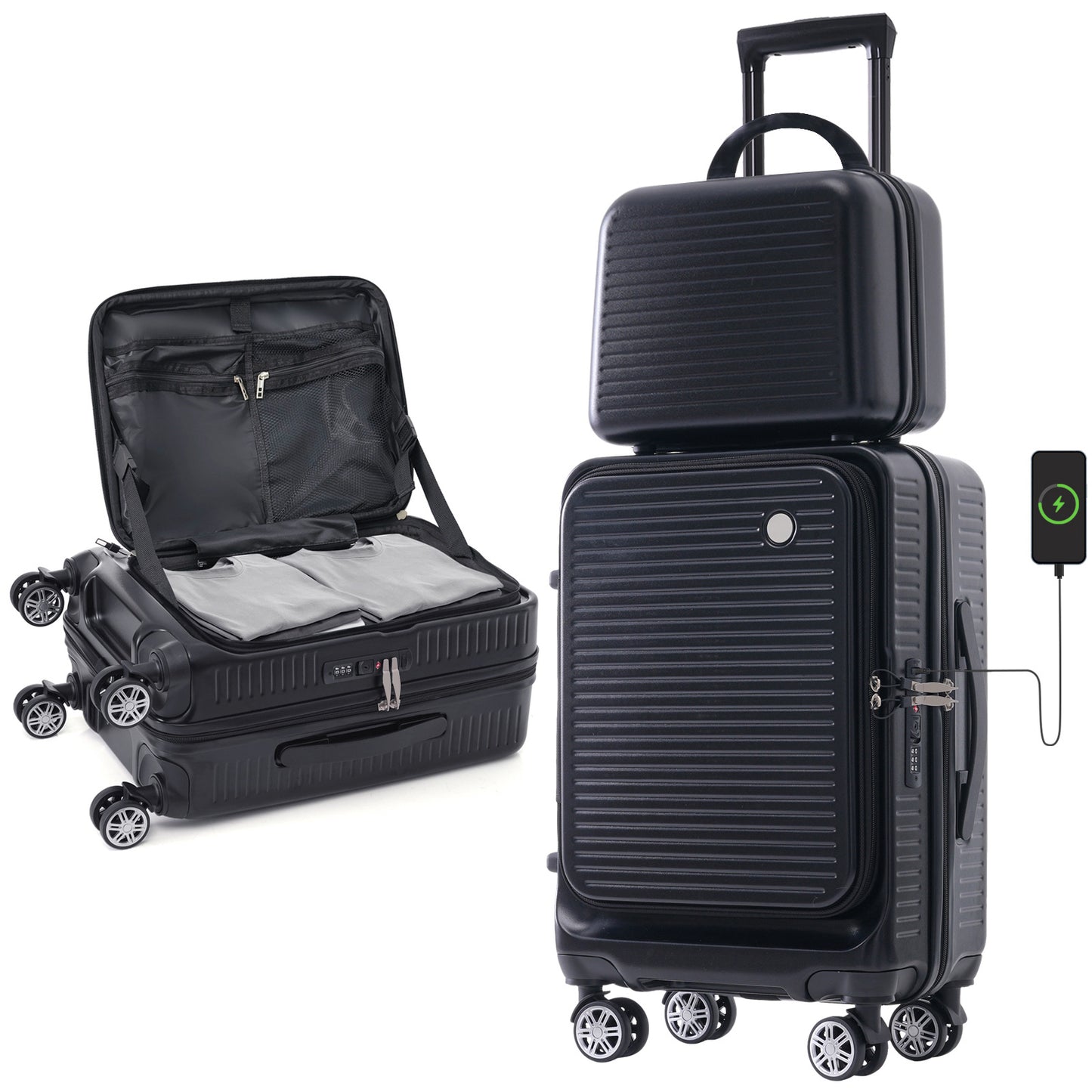 Carry-on Luggage 20 Inch Front Open Luggage Lightweight Suitcase with Front Pocket and USB Port, 1 Portable Carrying Case