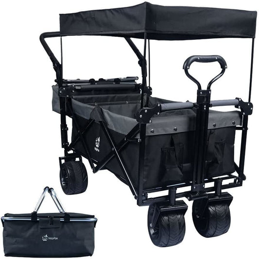 Collapsible Wagon Heavy Duty Folding Wagon Cart with Removable Canopy, 4" Wide Large All Terrain Wheels, Brake, Adjustable Handles,Cooler Bag Utility Carts for Outdoor Garden Beach