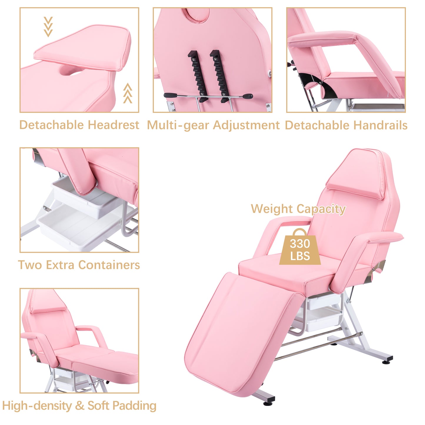 Massage Salon Tattoo Chair with Two Trays Esthetician Bed with Hydraulic Stool,Multi-Purpose 3-Section Facial Bed Table, Adjustable Beauty Barber Spa Beauty Equipment, Pink