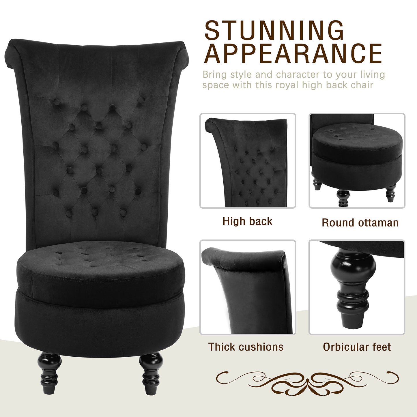 Royal Velvet High Back Armless Chair;  Retro Elegant Luxury Throne Chair;  Upholstered Tufted Accent Seat w/Storage for Dressing Room;  Living Room;  Bedroom