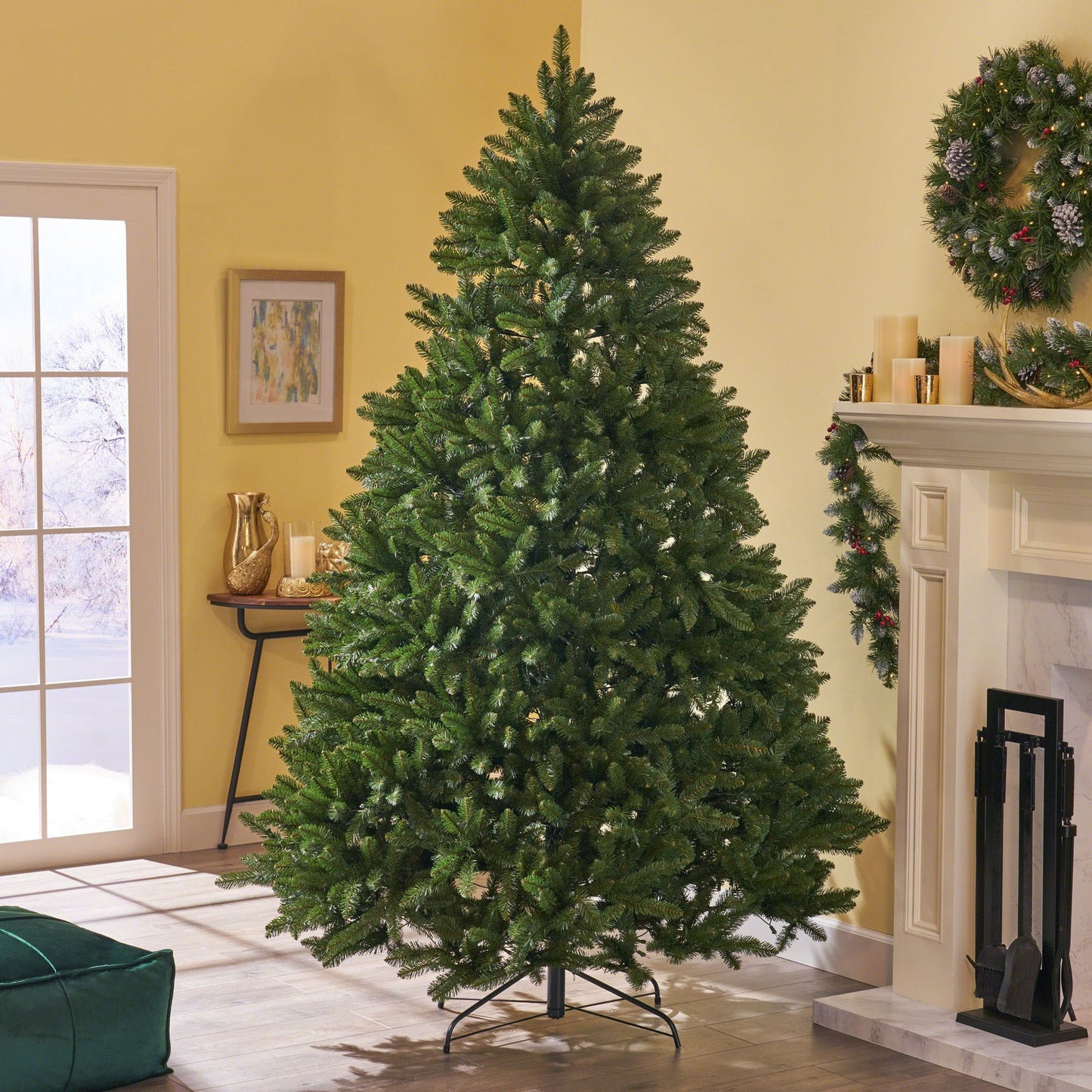 7.5 ft Christmas Tree, Artificial Xmas Tree with 2559 Branch Tips for Holiday Party Decorations with Metal Hinges & Base