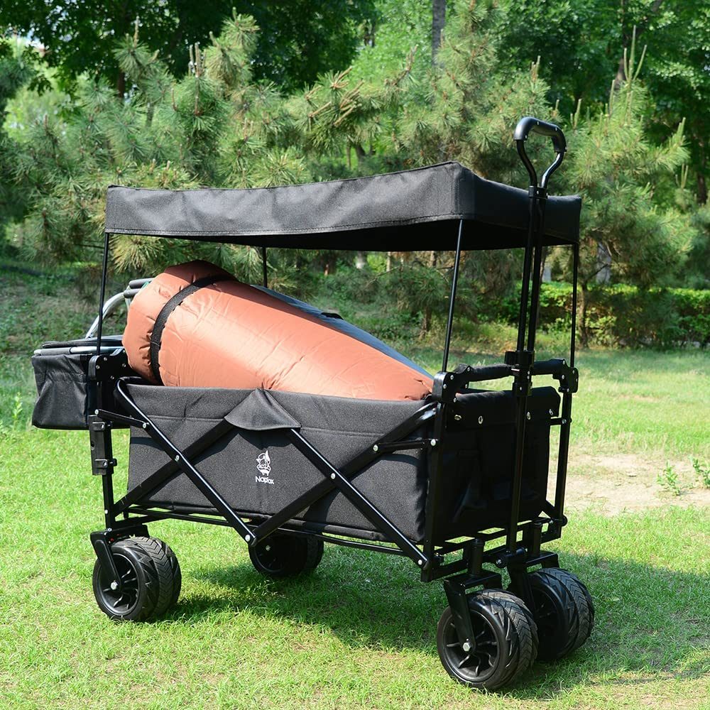 Collapsible Wagon Heavy Duty Folding Wagon Cart with Removable Canopy, 4" Wide Large All Terrain Wheels, Brake, Adjustable Handles,Cooler Bag Utility Carts for Outdoor Garden Beach