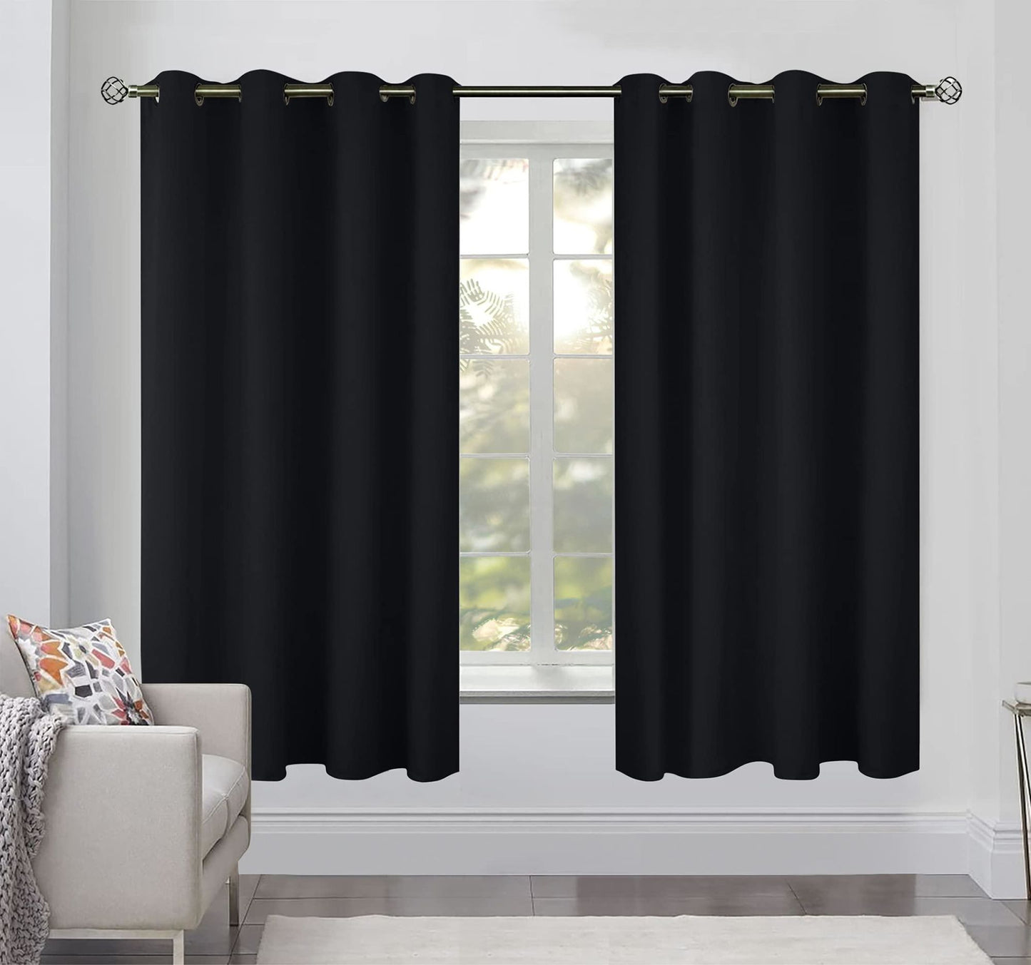 Blackout Curtains for Bedroom Pack of 2 Window Hanging Panels 63 inch Long Blind Off Grommet Curtains Thick Black Out Window Screen No Light Drapes 52 x 63 inch Black