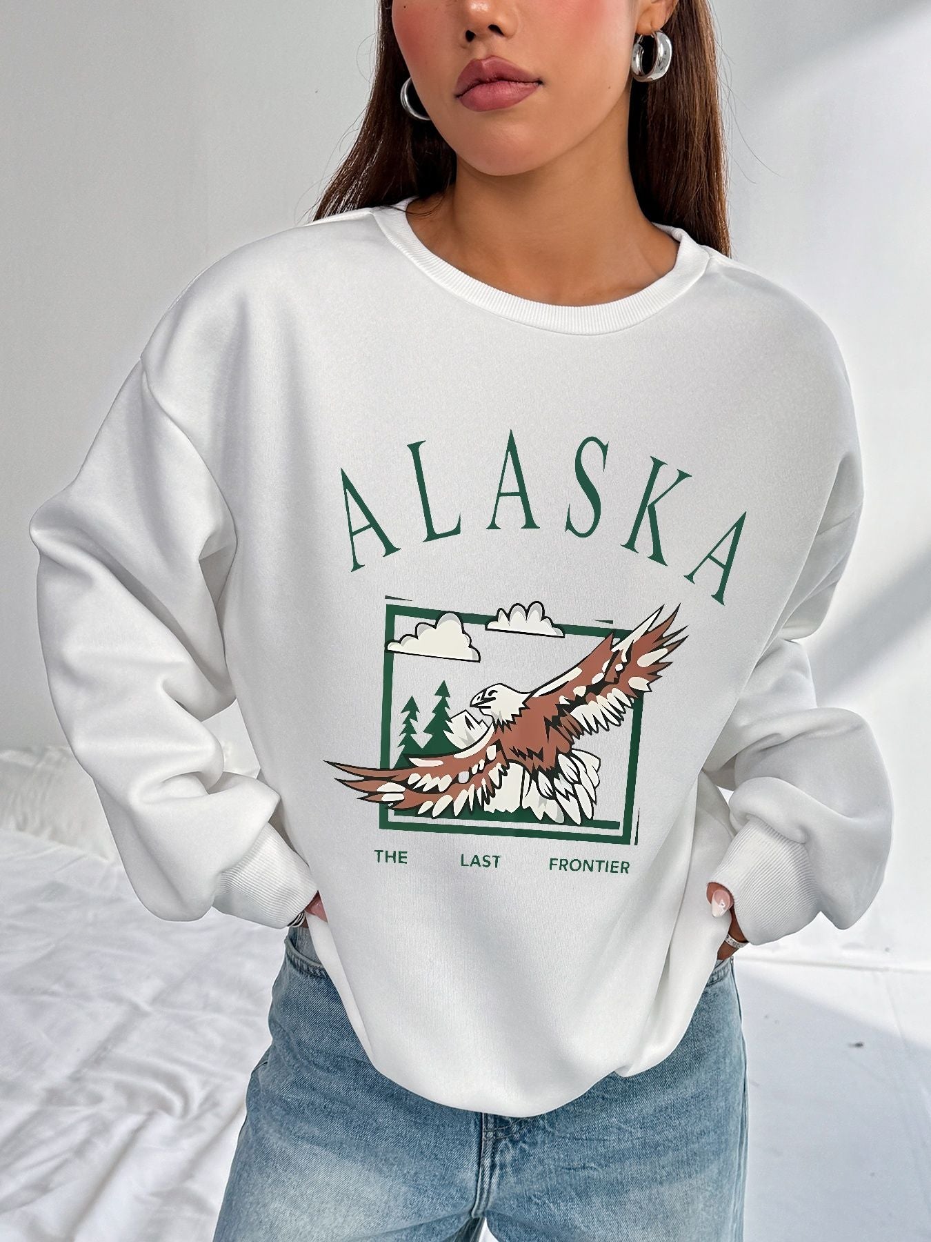 Women Basic Casual Pullover Spring Autumn Long Sleeve Alaskan Eagle Round Neck