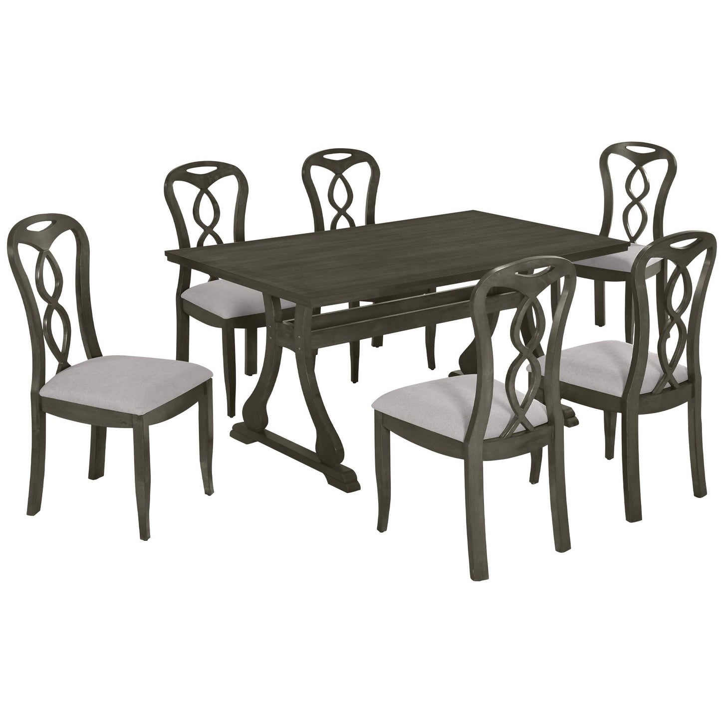 Retro 7-Piece Trestle Dining Table Set with Upholstered Dining Chairs, Smooth Dining Backs for Dining Room, Living Room, Kitchen