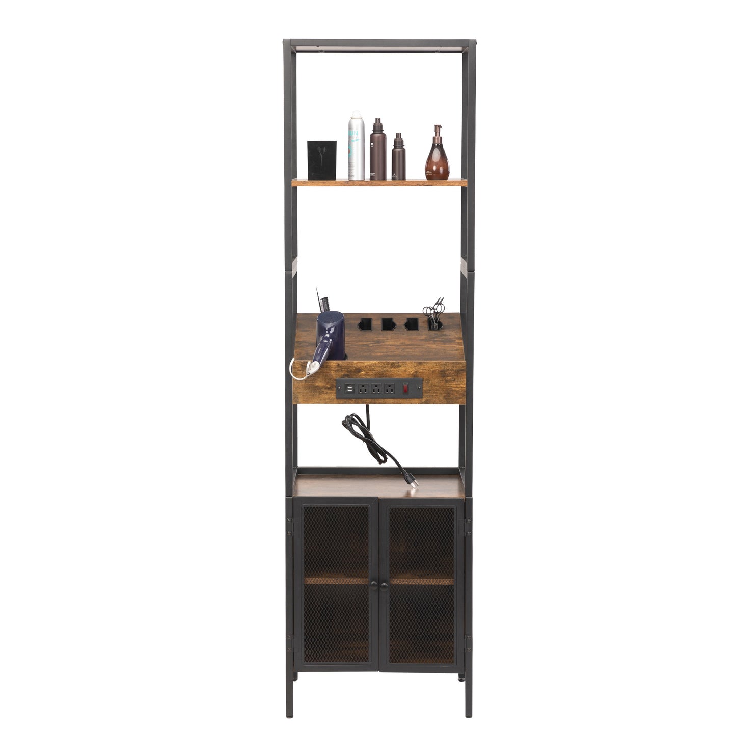 Salon Storage Cabinet with Open Shelves and Hair Dryer Holders, Vintage Brown