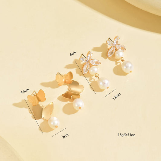 Chic Butterfly Pearl Drop Earrings Set -  Elegant and Lightweight Jewelry for Women
