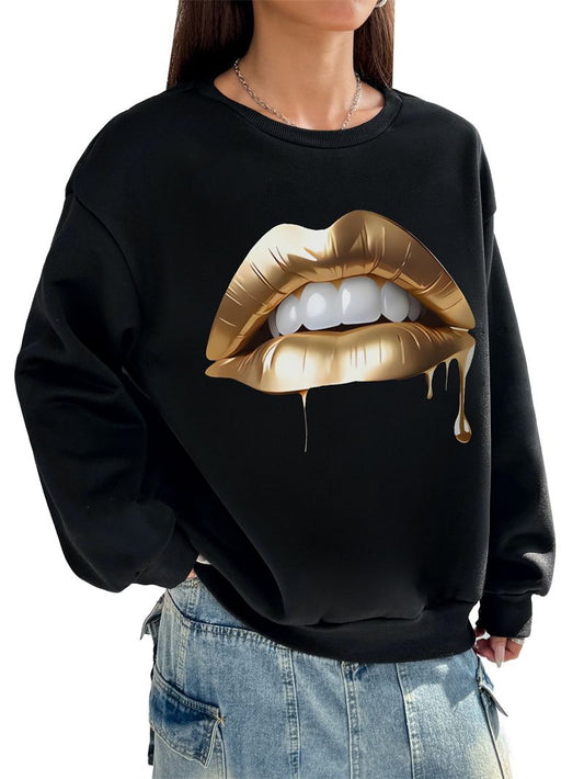 Women Basic Casual Pullover Spring Autumn Long Sleeve Golden Lips Printed Round Neck