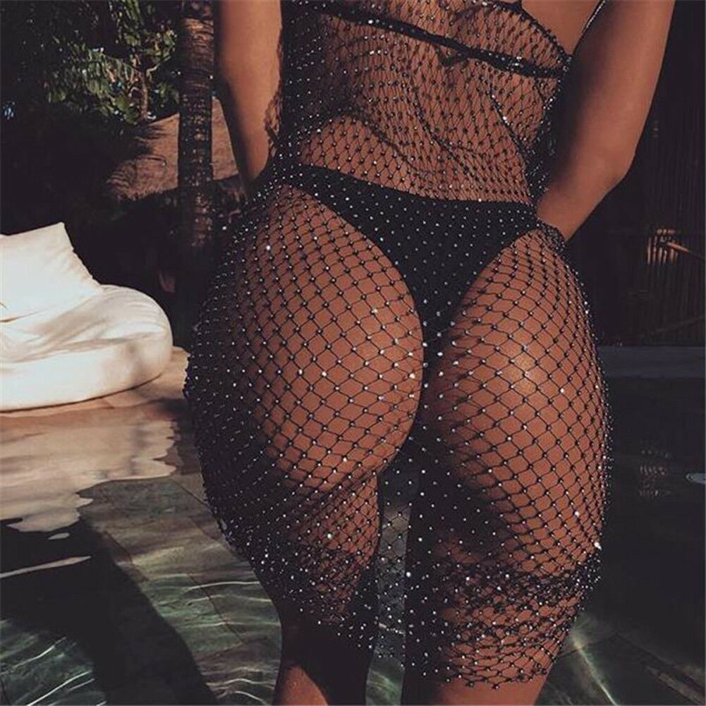 Fishnet Diamond Beach Cover Up Women Bikini Crystal Cover-ups Dress Hollow Out Crochet Mesh kaftan Swimsuit Swimwear Dresses