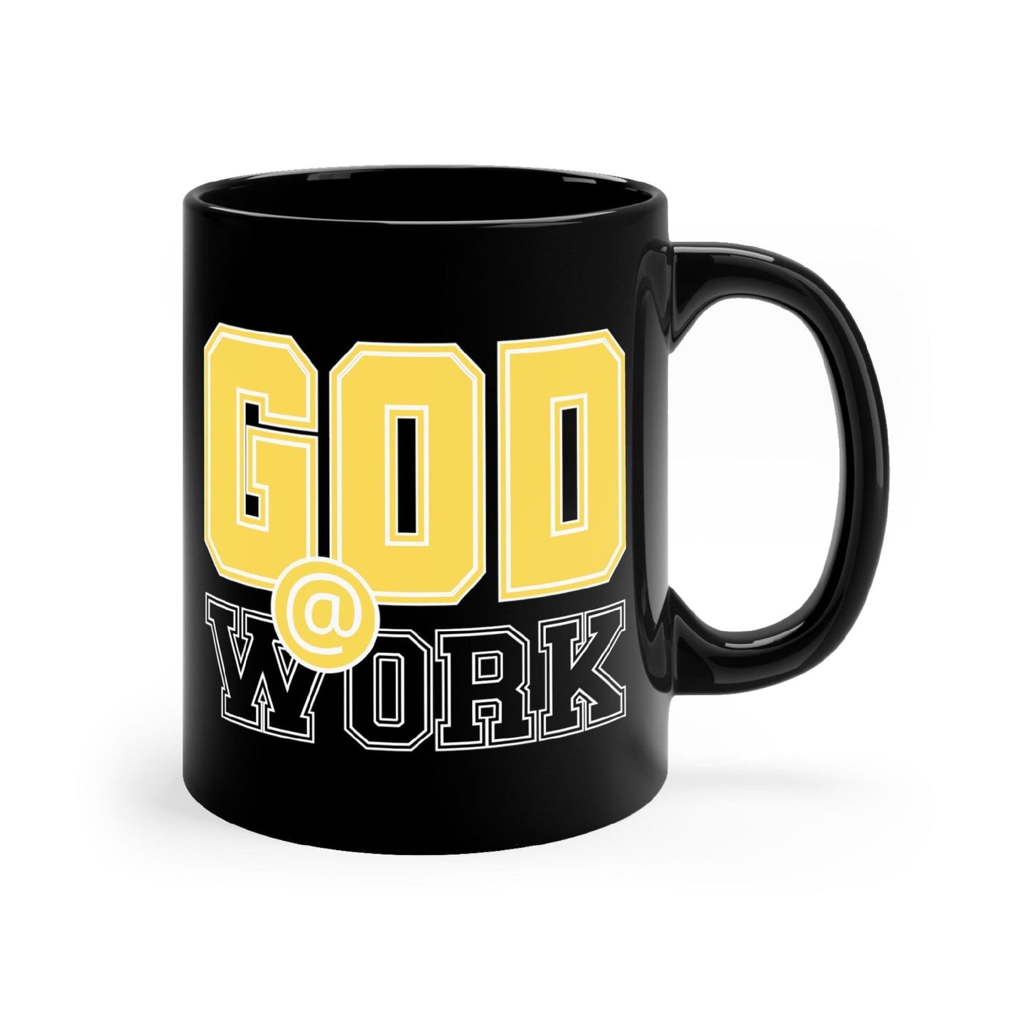 Black Ceramic Mug - 11oz, God @ Work Yellow And Black Print