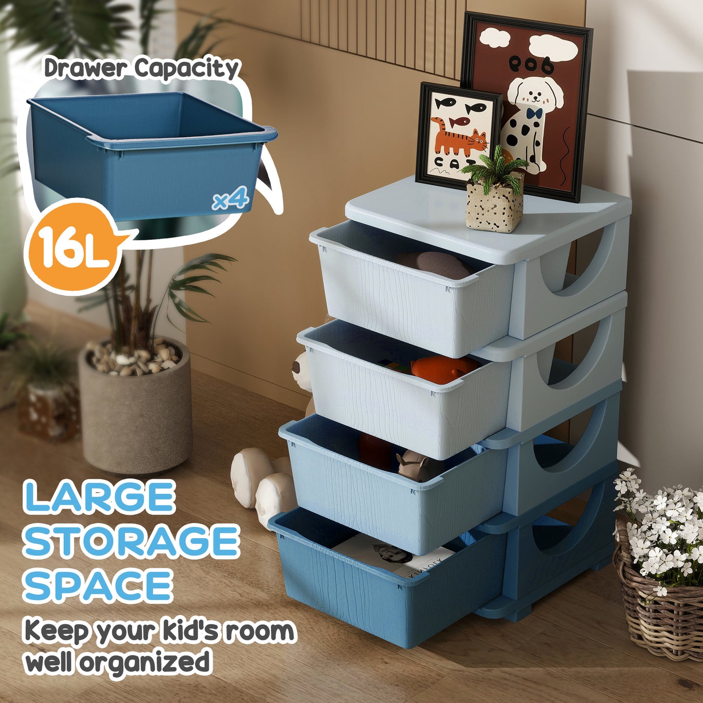 Qaba 4 Tier Kids Storage Unit, 4 Drawer Chest Toy Organizer Plastic Bins for Kids Bedroom Nursery Kindergarten Living Room for Boys Girls Toddlers, Blue