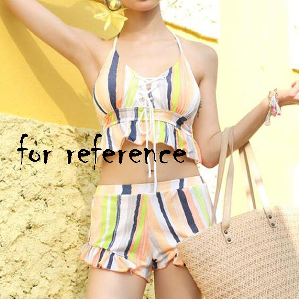 Colorful Striped Women Two Piece Swimsuits Yellow Bathing Suit V-neck Halter Bikini Set for Summer, Asian Medium