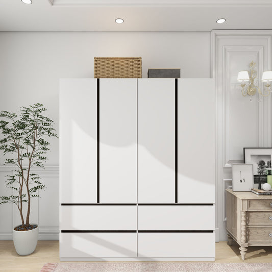 Wooden Wardrobe Closet, 4 Door 4 Drawers Bedroom Wardrobe for Ample Storage, Large White Armoire Wardrobe Closet with Hanging Rod and 3 Shelves