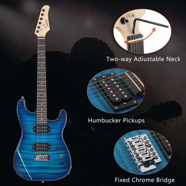 [Do Not Sell on Amazon] Glarry GST Stylish H-H Pickup Tiger Stripe Electric Guitar Kit with 20W AMP Bag Guitar Strap Blue