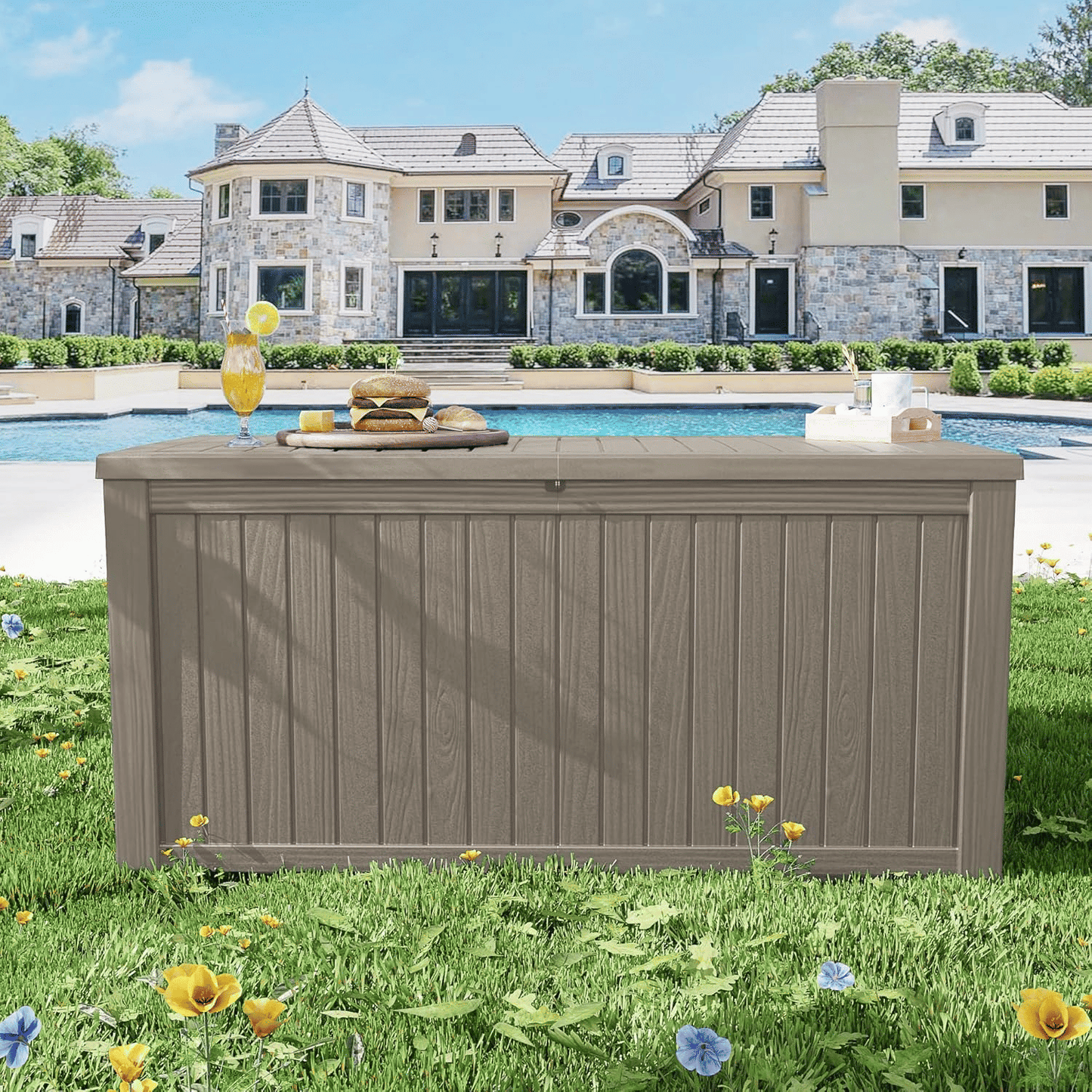 182 Gallon Deck Box Waterproof, UV Resistant Resin Outdoor Storage Box with Hydraulic Rod, Lockable Design and Enhanced Durability for Patio, Garden, and Poolside Use