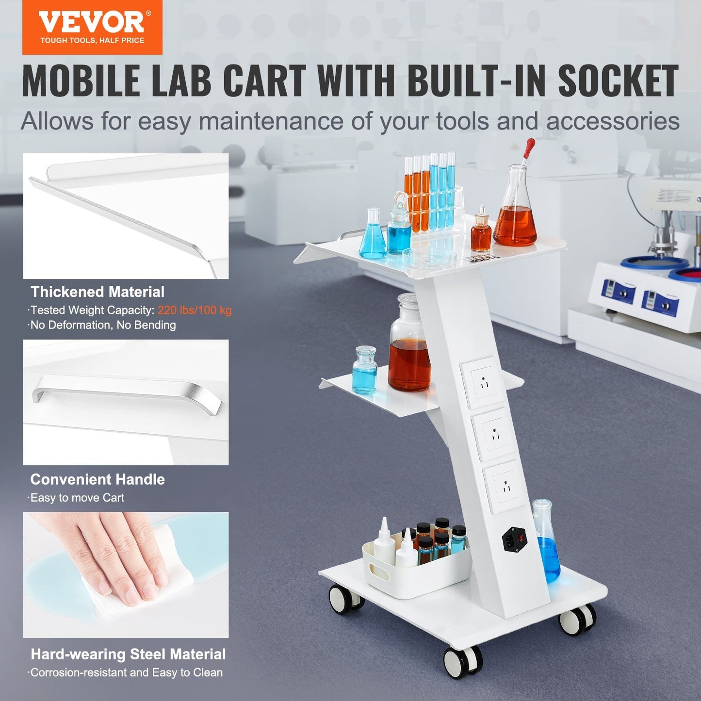 VEVOR Lab Trolley, Rolling Lab Cart with Built-in Socket, 3-Layer Metal Mobile Trolley, Tray Rolling Clinic Cart with Swivel Wheels, 220 lbs Weight Capacity, for Lab, Clinic, Beauty and Salon