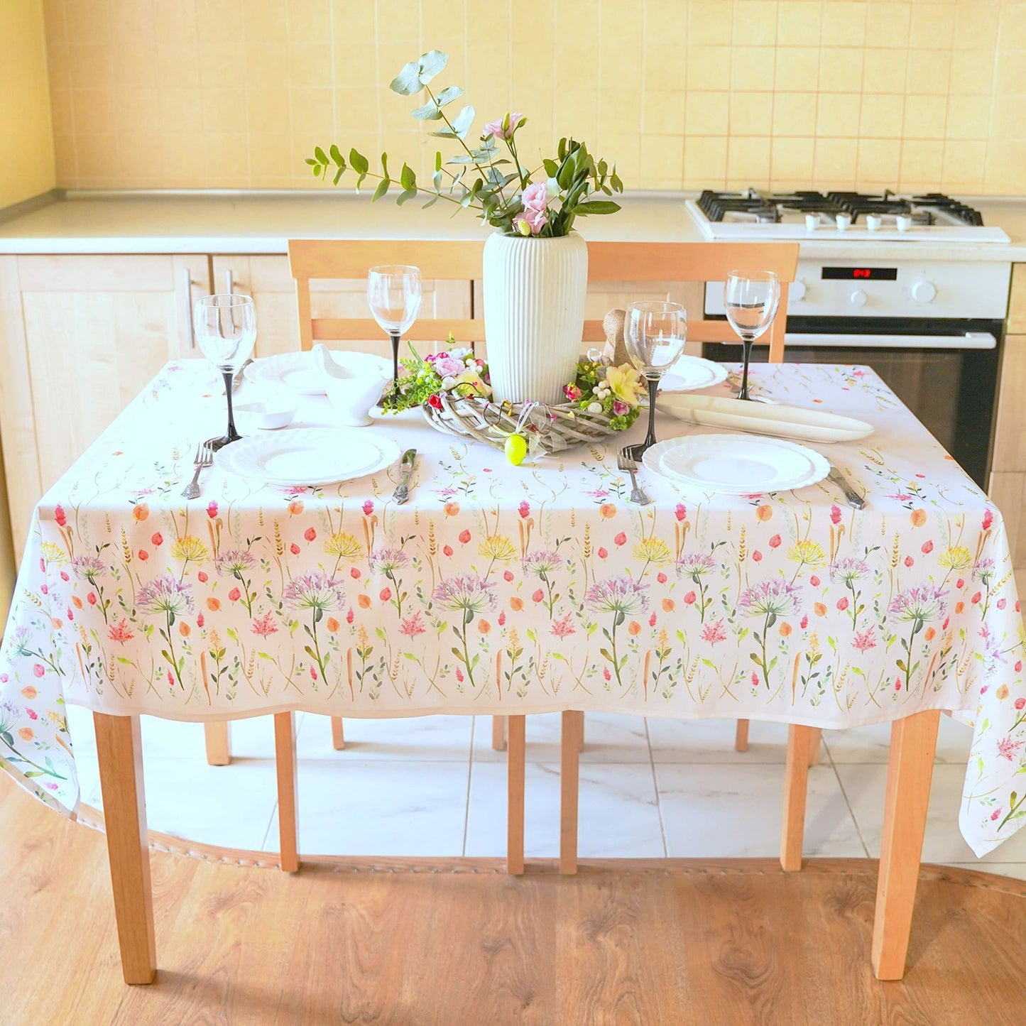 Finest Floral Coloring Square Easter Tablecloth Non Iron Stain Resistant Table Cover 60x60 inch