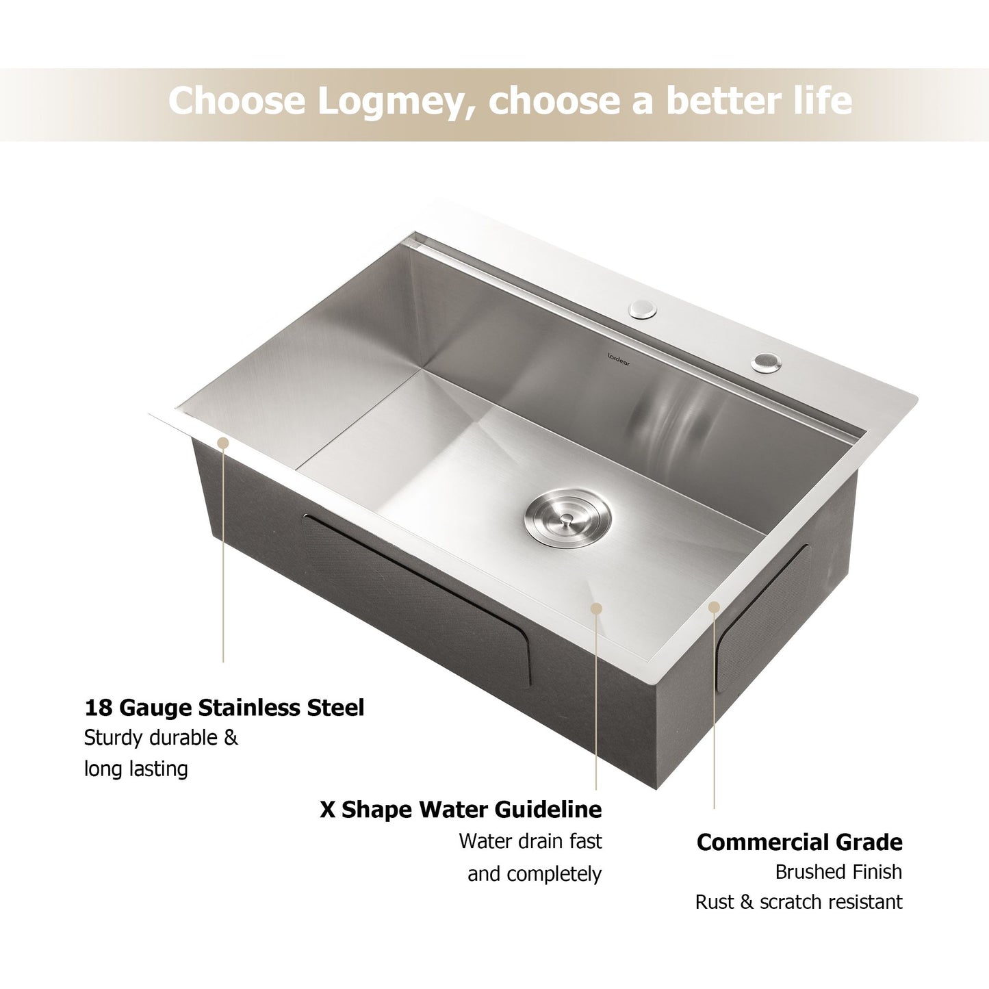 Lordear Drop In Workstation Sink Topmount 16 Gauge Stainless Steel or Gunmetal Black Single Bowl Kitchen Sink