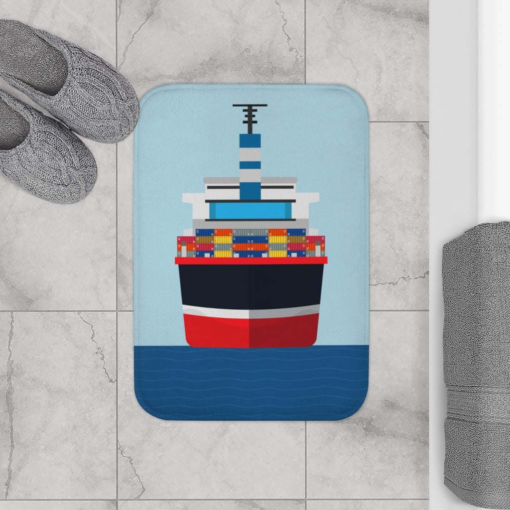 Cargo Ship In the Ocean Front Bath Mat