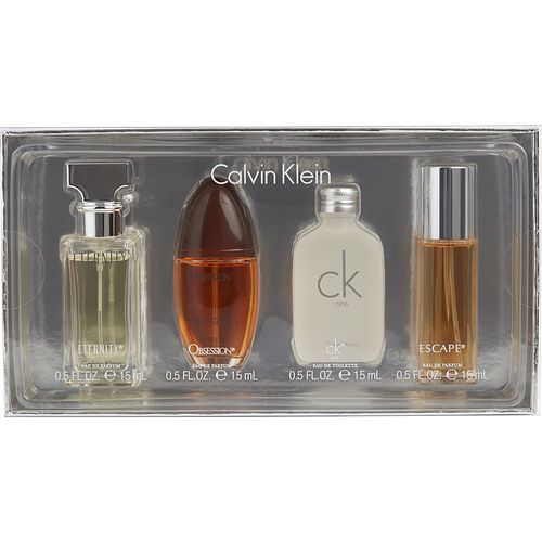 CALVIN KLEIN VARIETY by Calvin Klein 4 PIECE WOMENS MINI VARIETY WITH ETERNITY & ESCAPE & OBSESSION & CK ONE AND ALL ARE 0.5 OZ