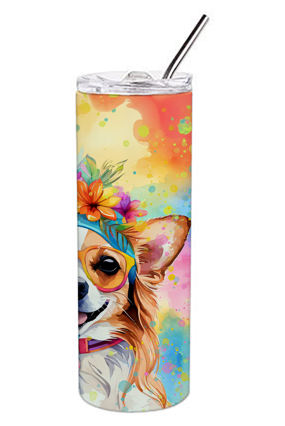 Chihuahua Hippie Dawg Stainless Steel Skinny Tumbler Vacuum Double Walled Reusable Insulated Tumbler Travel Cup for Coffee Cocktails Gift with Lid, 20 oz