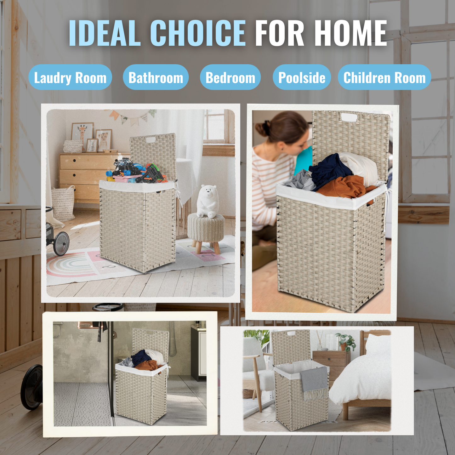 Laundry Hamper With Lid PE Rattan Powder Coating Frame Clothes Hampers with 02 Removable Bags, 100L, Grey Color