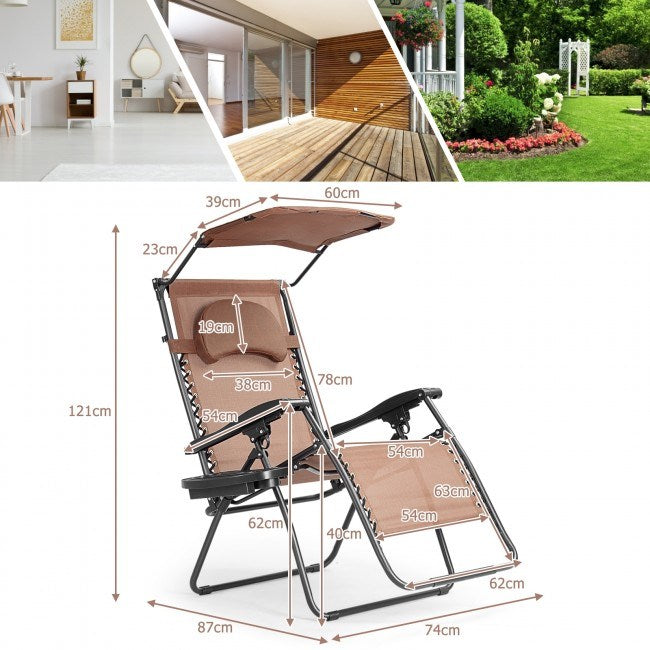 Folding Recliner Lounge Chair with Shade Canopy Cup Holder