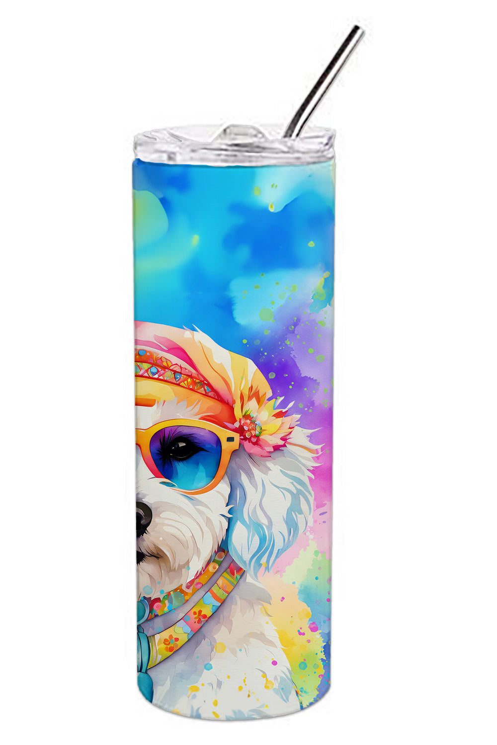 Bichon Frise Hippie Dawg Stainless Steel Skinny Tumbler Vacuum Double Walled Reusable Insulated Tumbler Travel Cup for Coffee Cocktails Gift with Lid, 20 oz