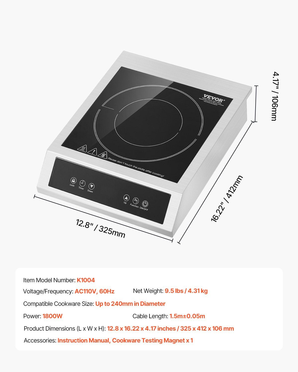 Portable Commercial Induction Cooktop 1800W Countertop Burner 9 Temp Levels