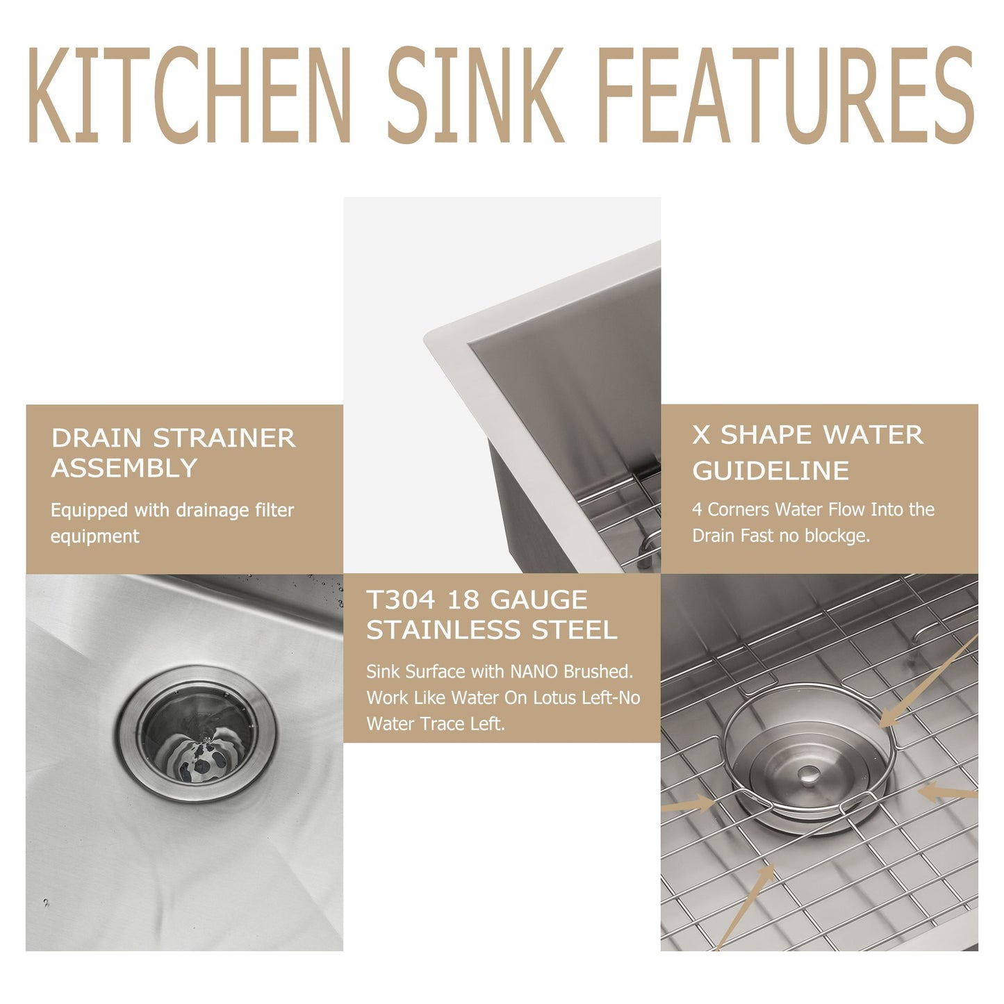 Undermount Sink Stainless Steel 18 Gauge Single Bowl Kitchen Sink Basin with Strainer