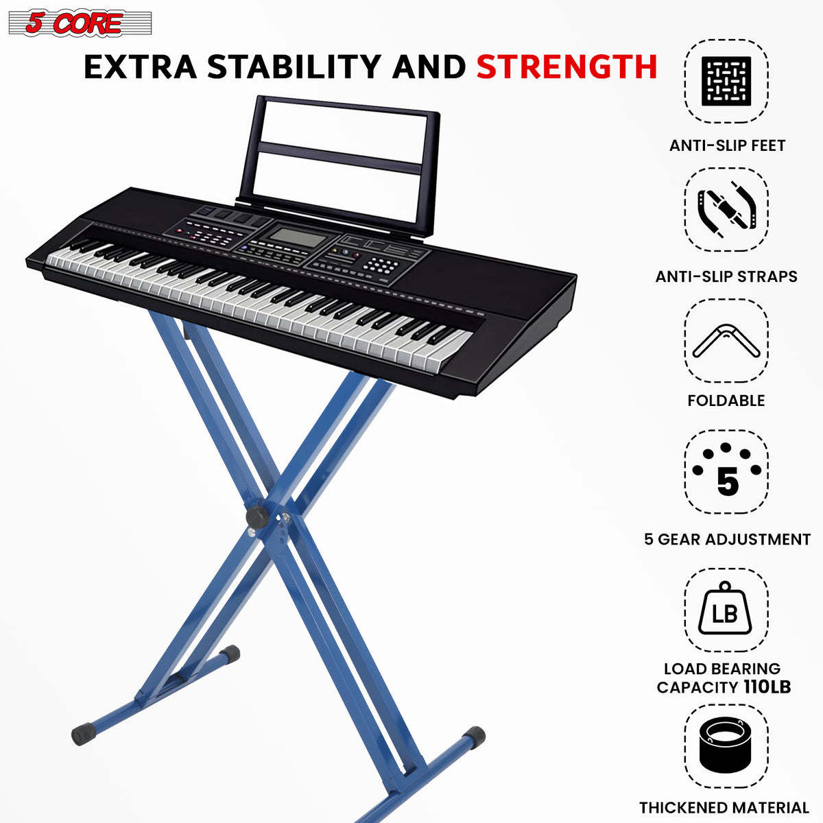 5 Core Keyboard Stand Digital Piano Riser Adjustable X Style Heavy Duty Electric Key Board Casio Synth Holder Foldable Portable Fits 54 61 88 Keys - KS 2X