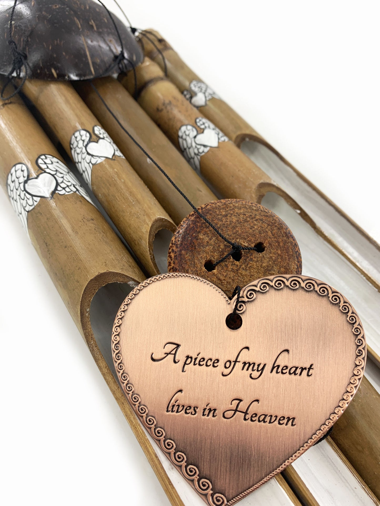 Bamboo Memorial Wind Chime Painted Heart and Angel Wings Sympathy Wind Chime Gift