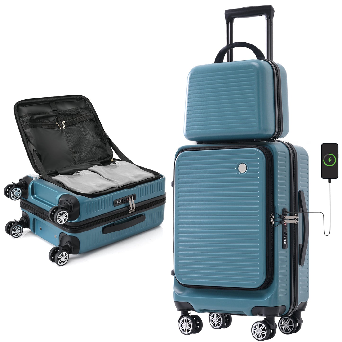 Carry-on Luggage 20 Inch Front Open Luggage Lightweight Suitcase with Front Pocket and USB Port, 1 Portable Carrying Case