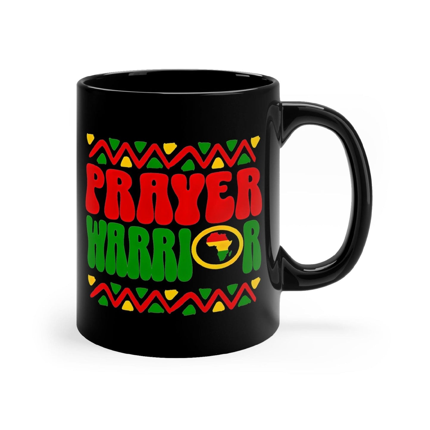 Black Ceramic Mug - 11oz, Prayer Warrior African Inspiration Illustration Red Green