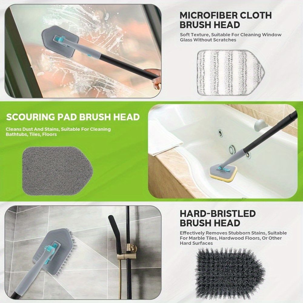 3 in 1 Shower Cleaning Brush - 180° Rotatable Bathroom Cleaning Brush with 50 inch Long Handle, Scrubber Brush Cleaner Tool for Shower Bathtub Tile Wall Floor Cleaning (Include 4 Brush Heads)