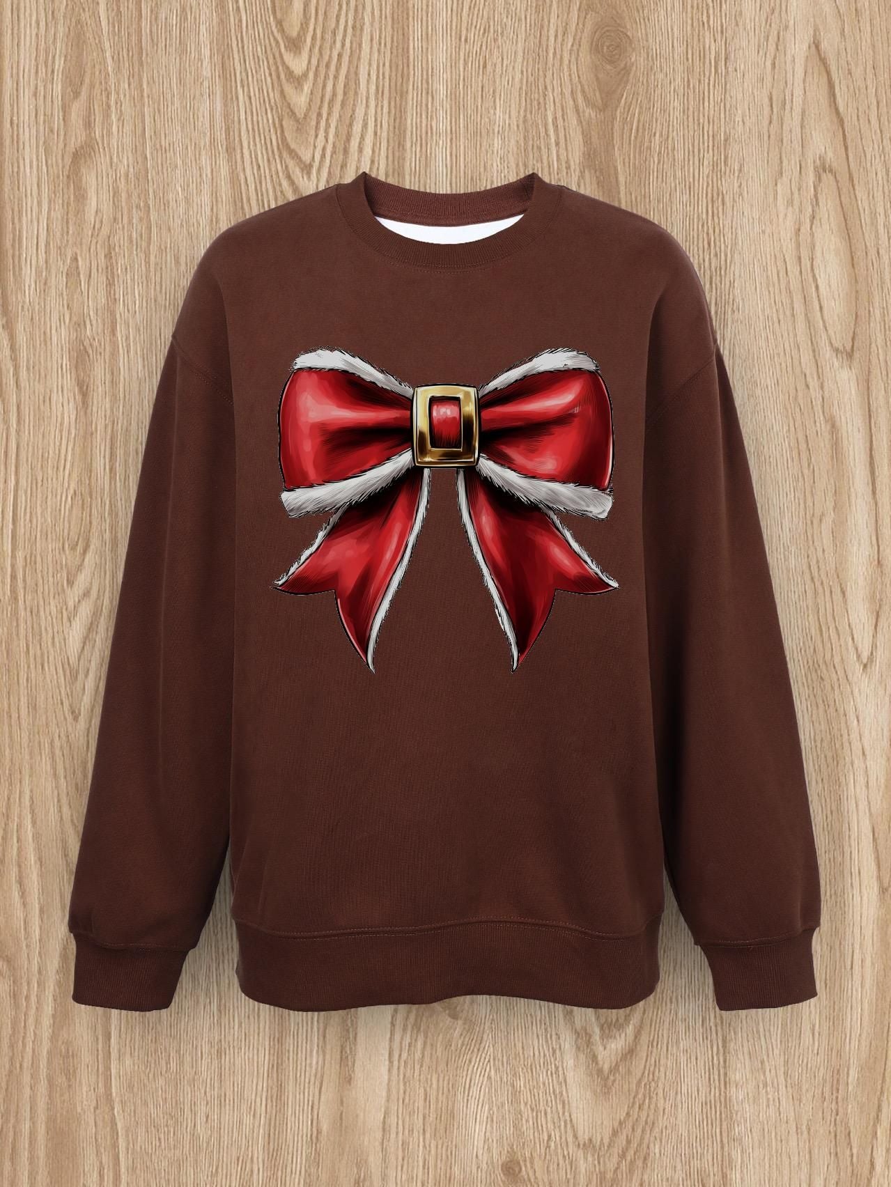 Women Basic Casual Pullover Spring Autumn Long Sleeve Christmas Plush Bow Printed Round Neck