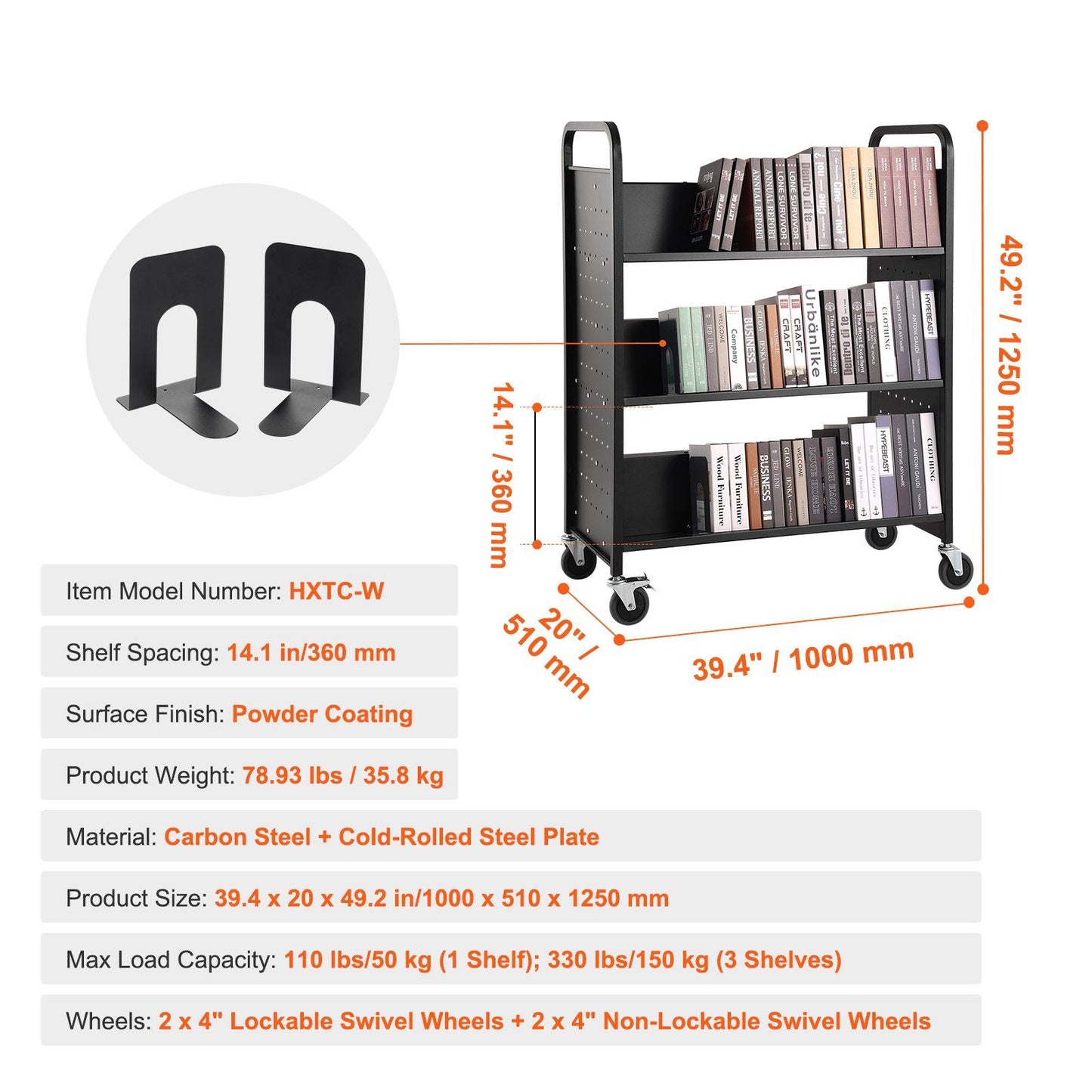 VEVOR Book Cart, 330 lbs Library Cart, 39.4" x 20.1" x 49.2" Rolling Book Cart, Double Sided W-Shaped Sloped Shelves with 4-Inch Lockable Wheels for Home Shelves Office School, Book Truck in Black