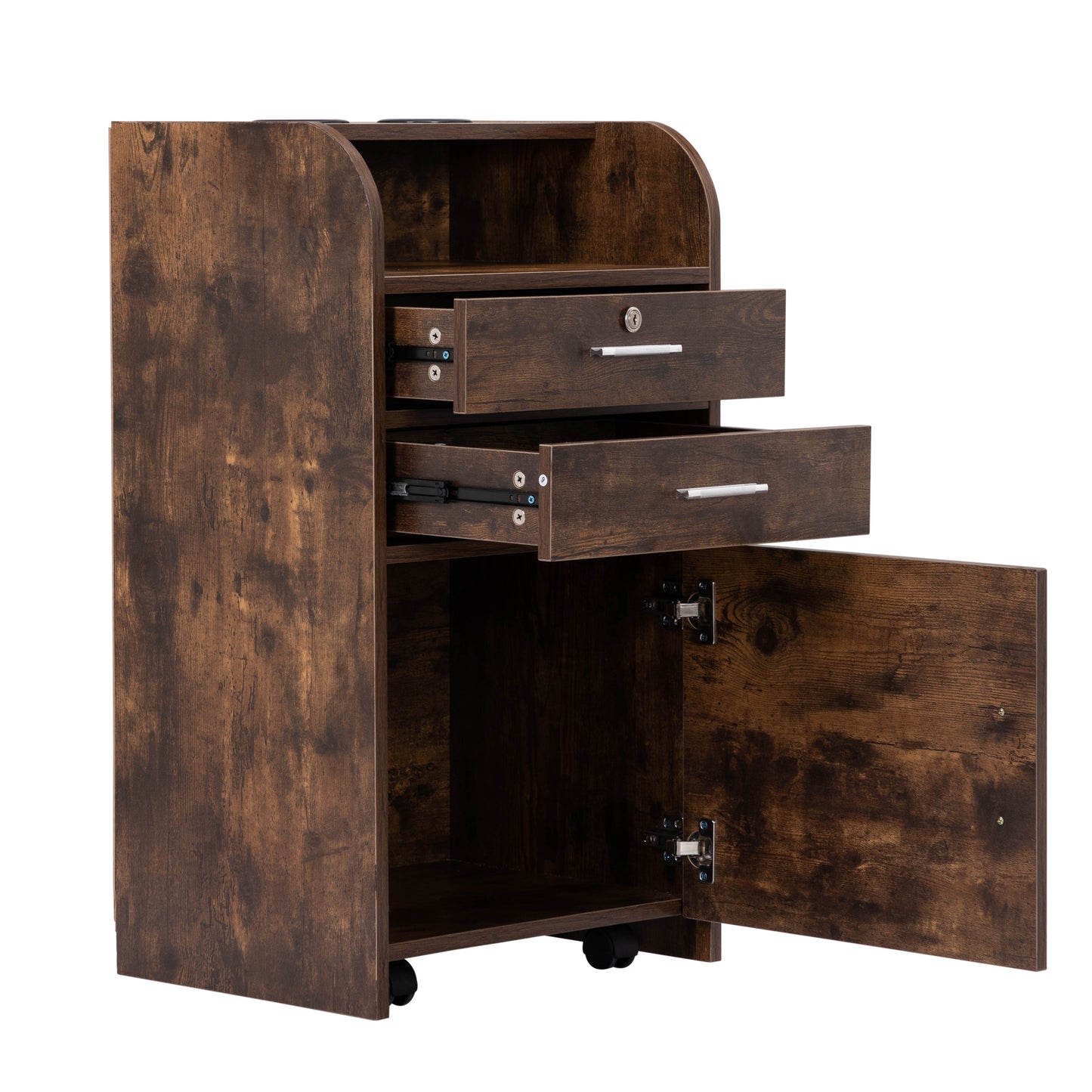 Salon Station, Hair Styling Station with Drawers, Cabinet and Hair Dryer Holders, Rustic Brown