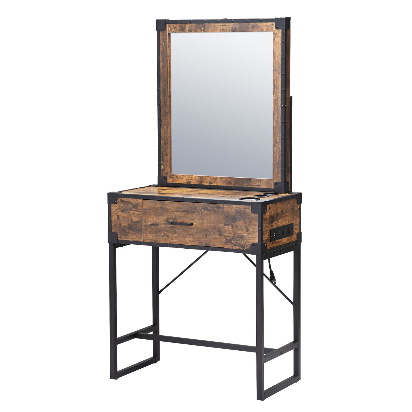 Hair salon table with mirror - burned wood grain