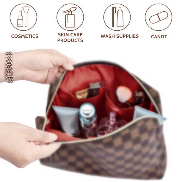 Checkered Makeup Bag;  2Pcs Travel Cosmetic Bags;  Portable Toiletry Organizer for Women;  Lightweight and Waterproof Leather Toiletries Bag for Girl Friend Wife Christmas Gifts;  Brown