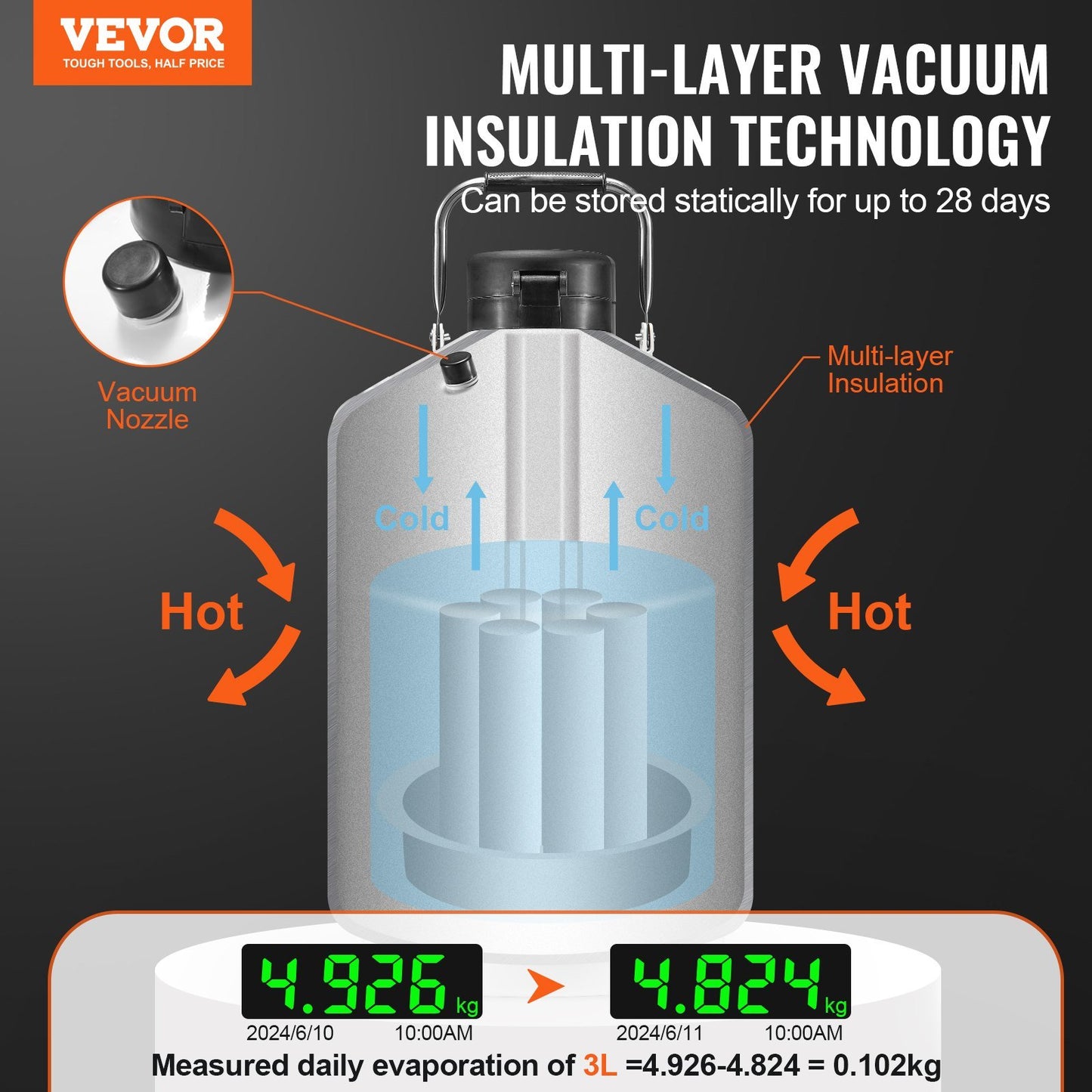 VEVOR Liquid Nitrogen Tank 3 L Aluminum Alloy LN2 Container Dewar 6 Canisters