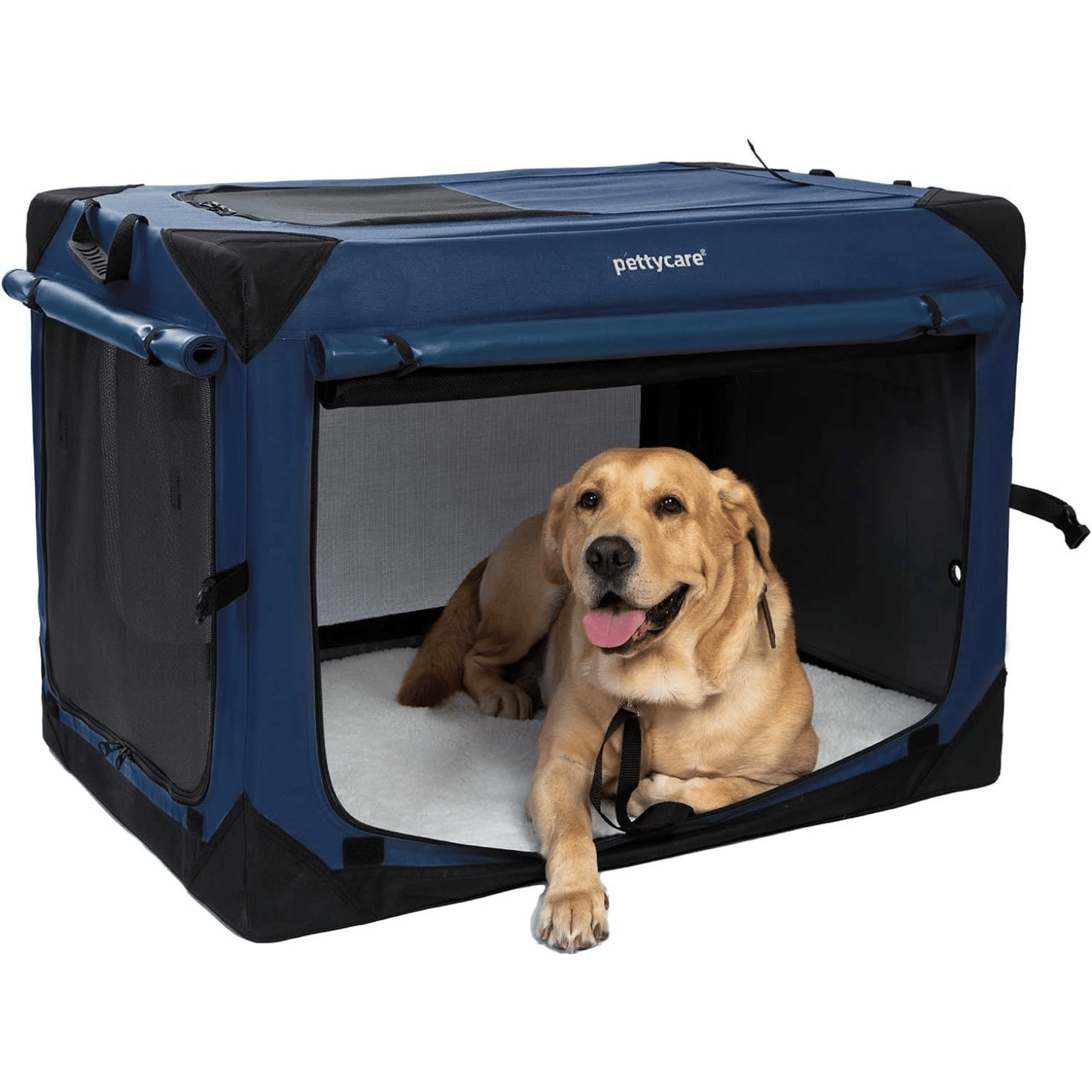 Dog Crate with Curtains, Travel Dog Crate for Airflow and Calm, Soft Pet Dog Kennel with Portable Bag and More Chew Proof Mesh, Indoor Outdoor, Navy Blue+4 Door Curtains