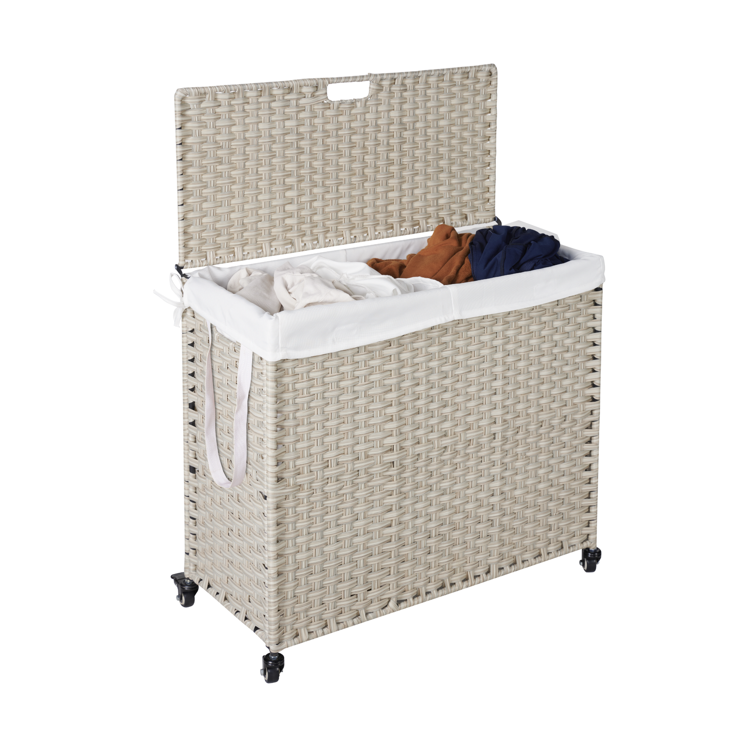 Laundry Hamper With Lid PE Rattan Powder Coating Frame Clothes Hampers with 02 Removable Bags, Wheels, 160L, Grey Color